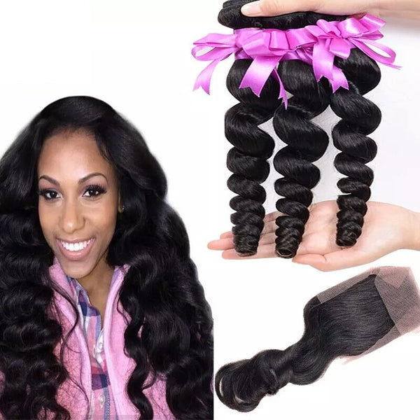 8A Brazilian Virgin Human Hair - 3 Bundles with Lace Closure - Loose Wave