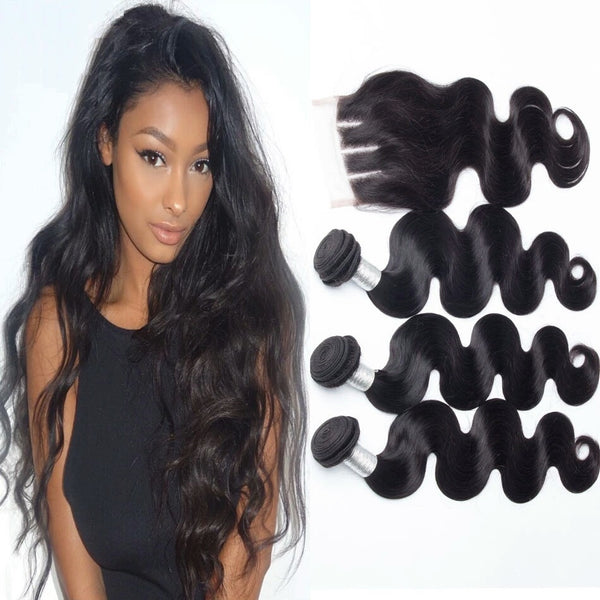 8A Malaysian Virgin Human Hair - 3 Bundles with Lace Closure - Body Wave