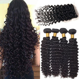 8A Brazilian Virgin Human Hair - 3 Bundles with Lace Closure - Deep Wave