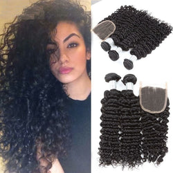 8A Peruvian Virgin Human Hair - 3 Bundles with Lace Closure - Deep Wave