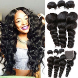 8A Peruvian Virgin Human Hair - 3 Bundles with Lace Closure - Loose Wave