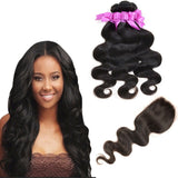 8A Brazilian Virgin Human Hair - 3 Bundles with Lace Closure - Body Wave