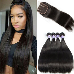 8A Peruvian Virgin Human Hair - 3 Bundles with Lace Closure - Straight