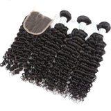 8A Peruvian Virgin Human Hair - 3 Bundles with Lace Closure - Deep Wave