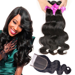 8A Peruvian Virgin Human Hair - 3 Bundles with Lace Closure - Body Wave