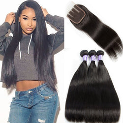 8A Brazilian Virgin Human Hair - 3 Bundles with Lace Closure - Straight